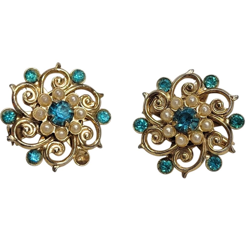 Vintage Aqua Blue Rhinestone Faux Pearl Scatter Pins Brooch Pair Gold Tone